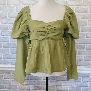 & Merci Green Satin Smocked Long Sleeve Blouse Top Whimseygoth Cottage NEW L